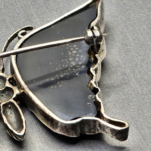 VTG Sterling Silver 925 Butterfly Brooch 2" Marcasite Black Onyx 14.67g - Picture 7 of 11